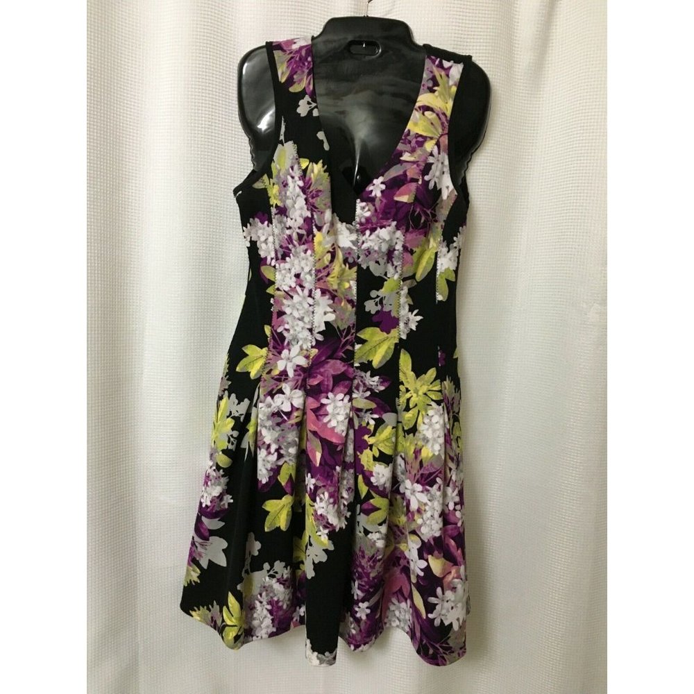 Worthington Stretch Knit Dress Floral Black Purple Size 6 Travel Ease D1